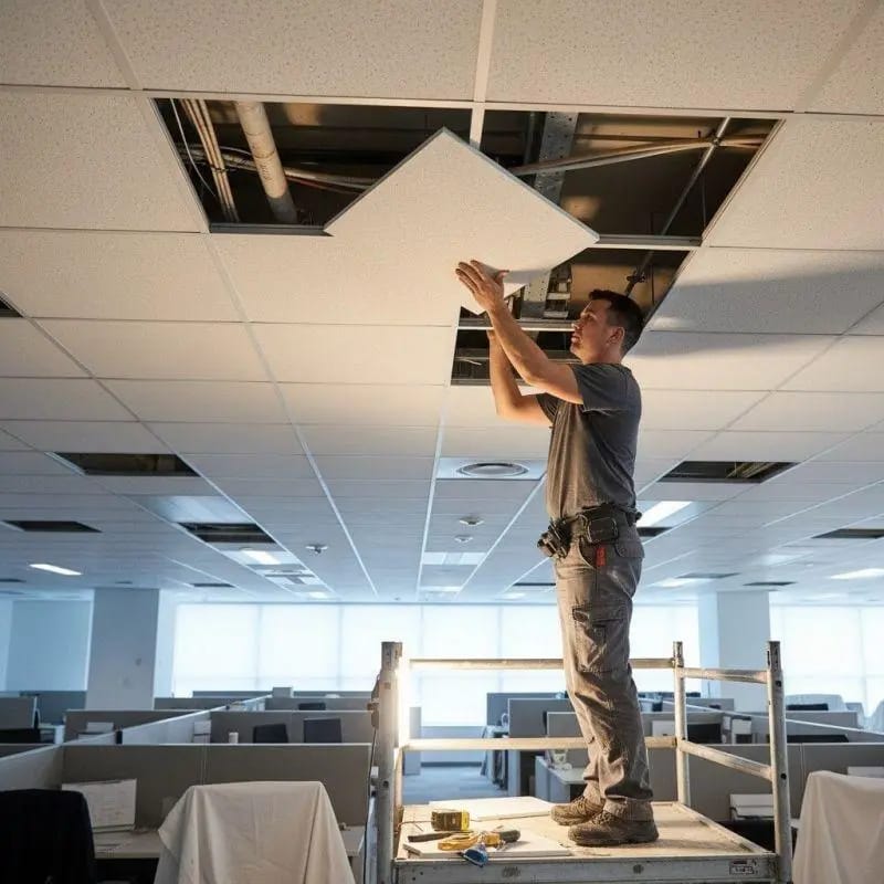 T bar suspended ceiling with metal grid and removable ceiling tiles