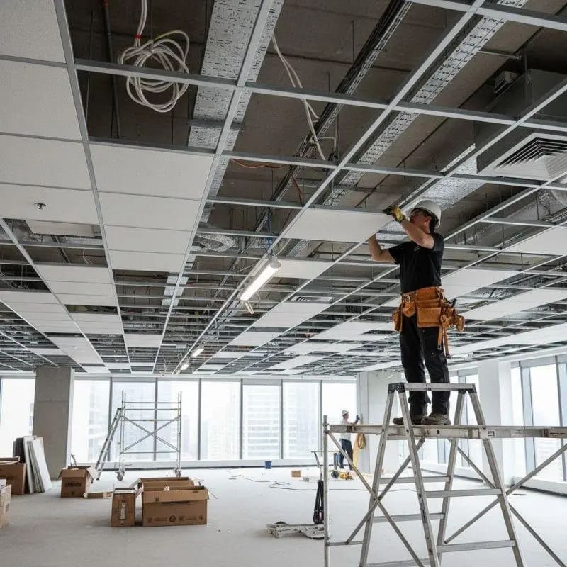 Office T bar ceiling with lighting and vents fitted into the grid